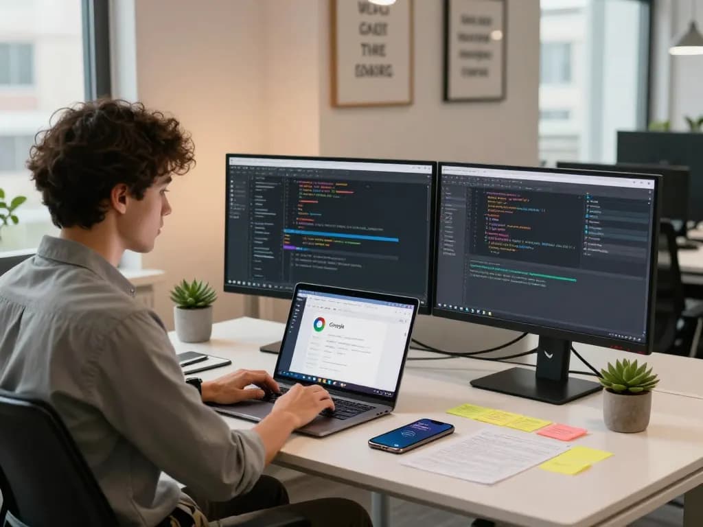 The workspace features Google Chrome on a laptop, showcasing a tech-savvy environment for productivity and innovation.