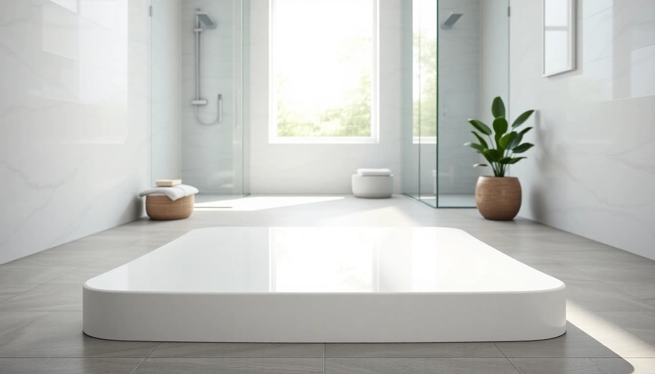 View of a chic shower base shower in a modern bathroom, showcasing elegance and design.