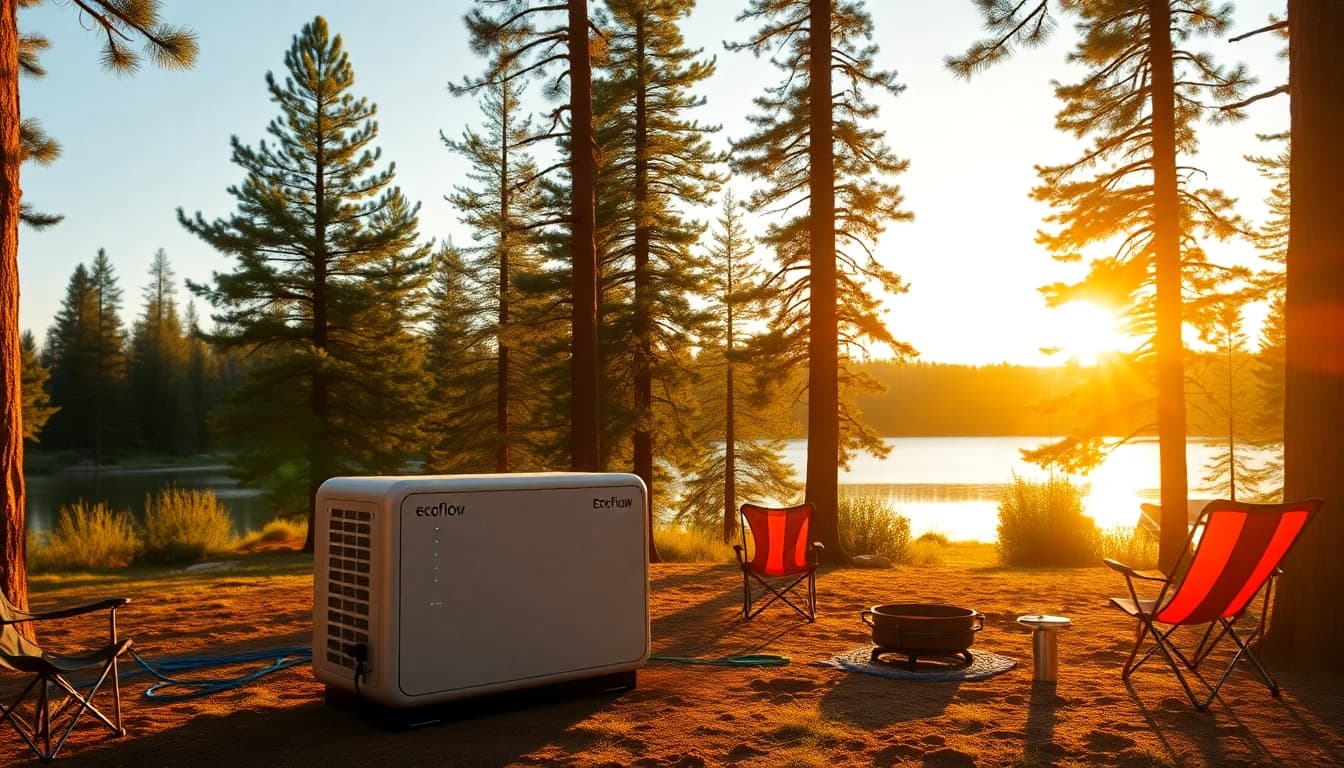 EcoFlow power station showcased at a campsite, illuminated by sunset.