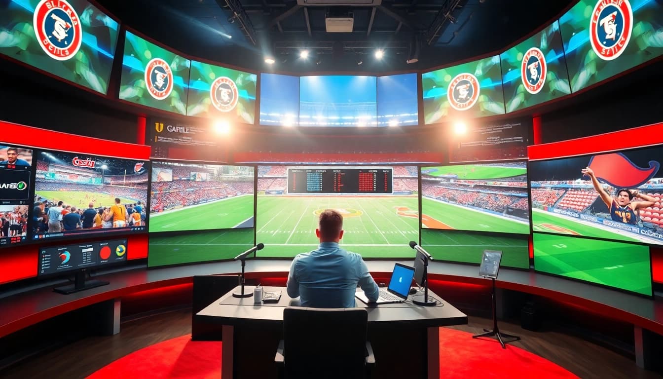 Analyst in a professional sports broadcasting studio engaging viewers with statistics and live updates.