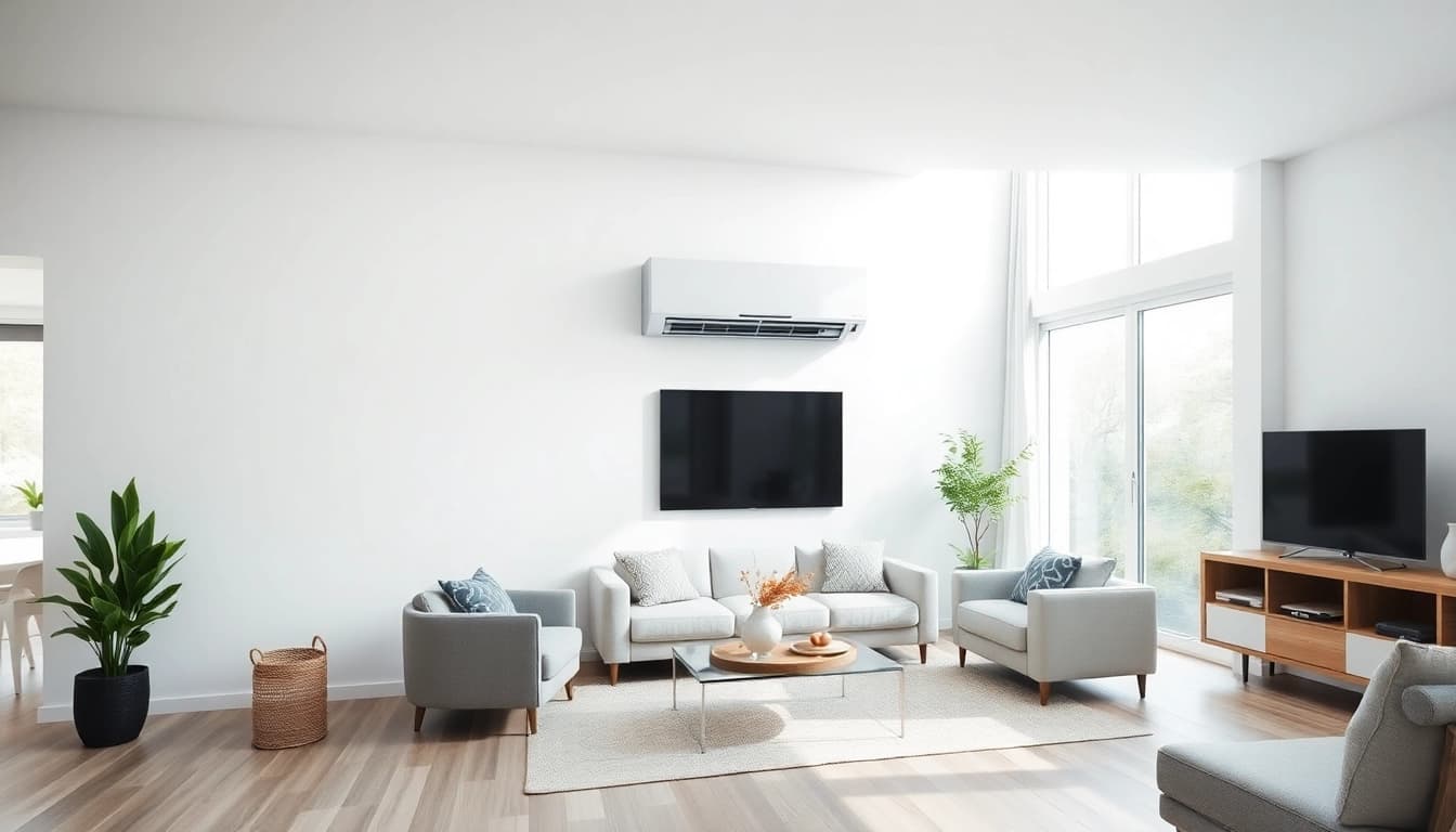 Install a mini split ac in a stylish living room setting with natural light and modern decor.
