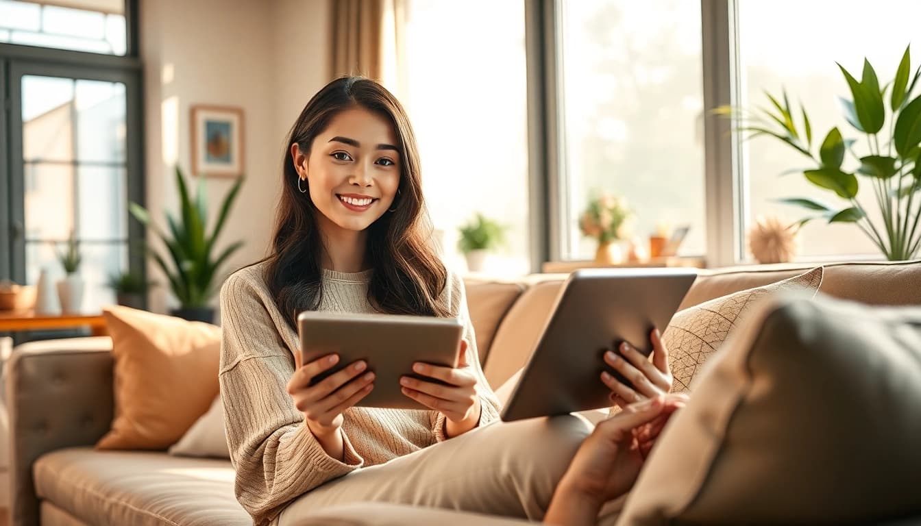 The AI girlfriend engages in conversation, blending technology with warmth and intimacy in a cozy living space.