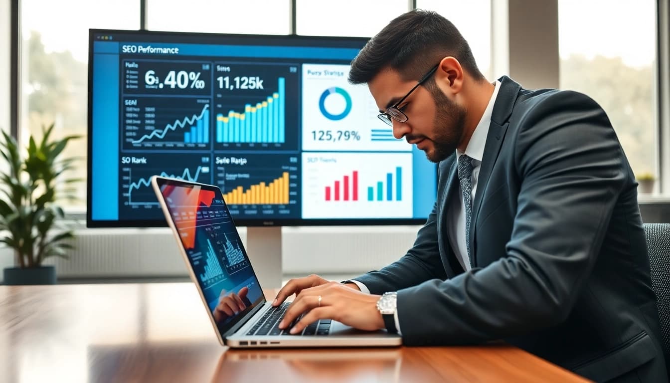 Analyze your SEO Rank metrics with a professional in a bright office setting.
