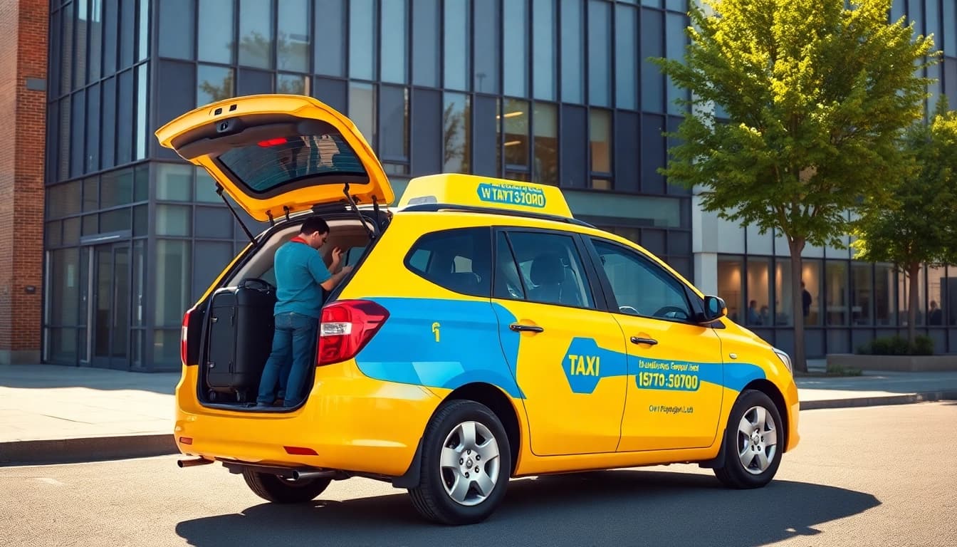 West Bridgford Taxi parked at a modern office, showcasing local transport services.