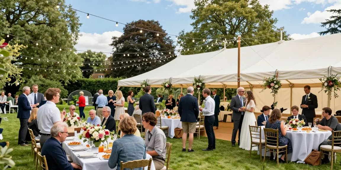 Marquee hire London scene showcasing a festive outdoor celebration with guests enjoying a beautifully decorated garden marquee.