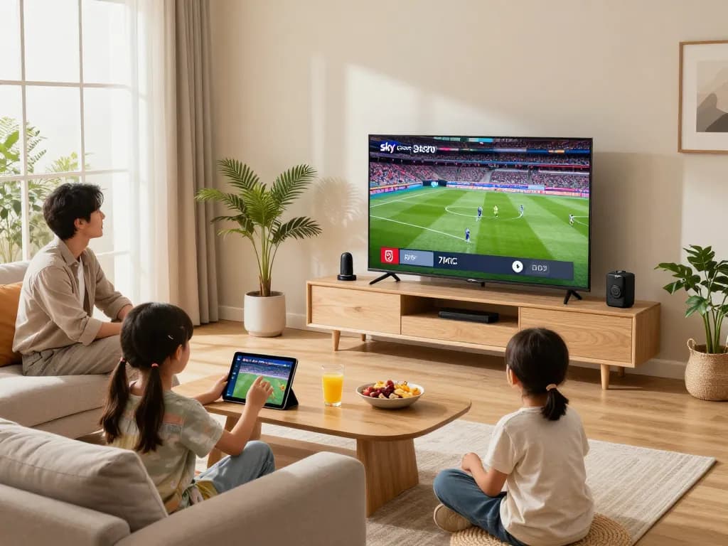 Family enjoying Sky Glass IPTV Subscription in a cozy UK living room with sports streaming on TV.