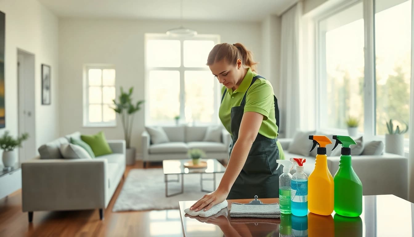 Find reliable cleaning services near me with a professional cleaner in a sparkling living room.