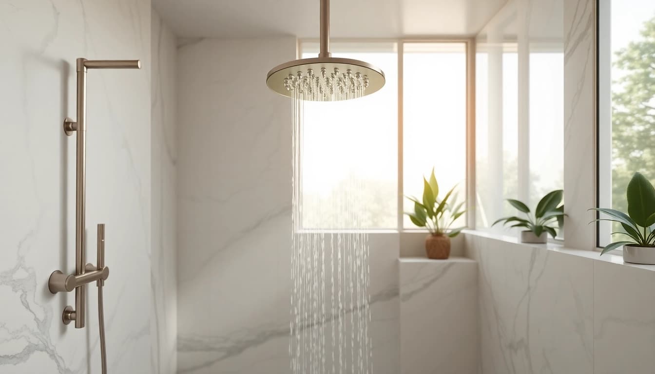 Experience luxurious elegant showers in a stylish, modern bathroom with marble and natural light.