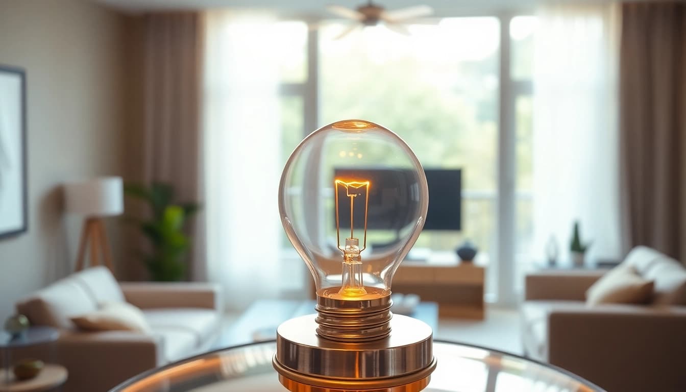 Highlight a 19 bulb illuminating a stylish interior with warm natural light.