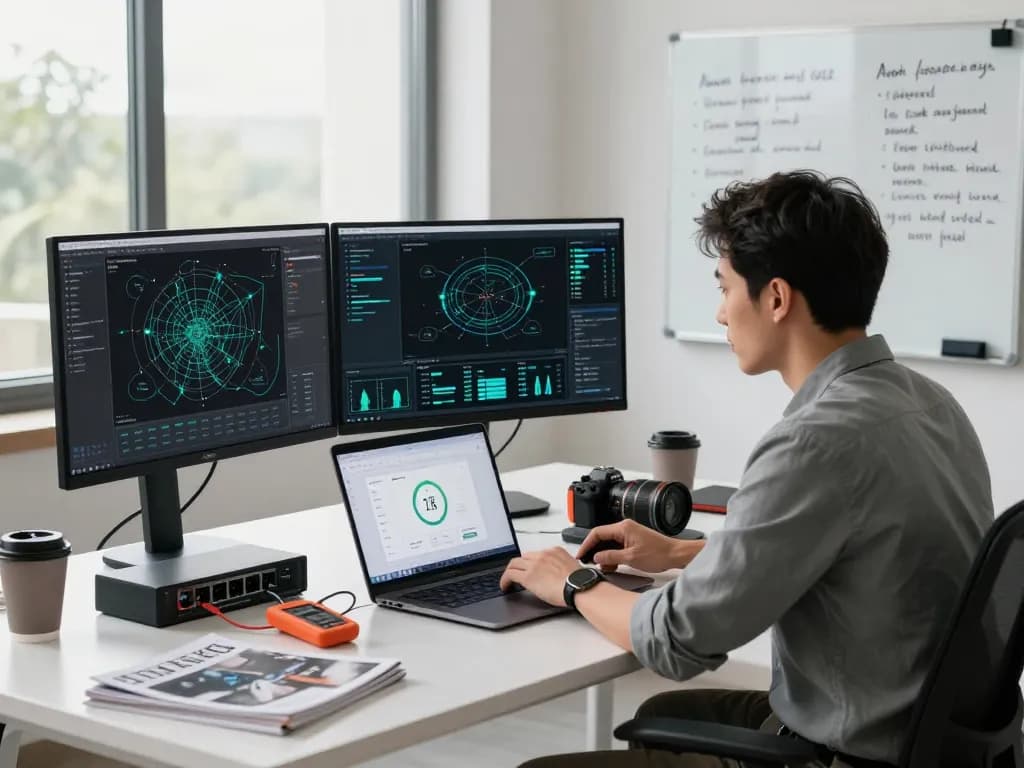 快连 network optimization software interface on a laptop in a tech workspace