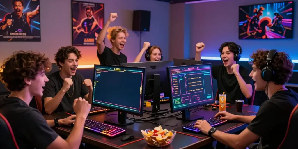 Engaged players at LU88 platform enjoying an exciting online betting session with colorful gaming graphics and snacks.