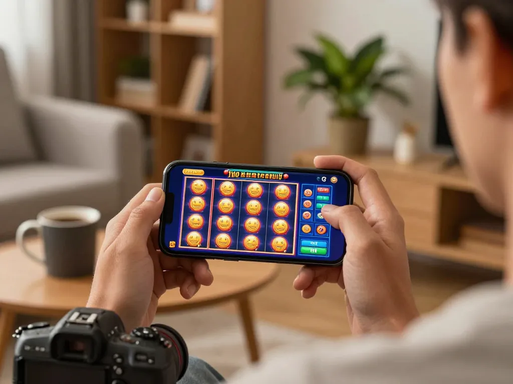 Engaging smartphone gaming with the 77bet app highlighting exciting slot game action in a cozy home setting.