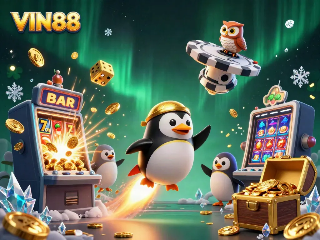 Experience thrilling wins with VIN88 as a golden penguin heads to a casino station, surrounded by vibrant gaming elements.