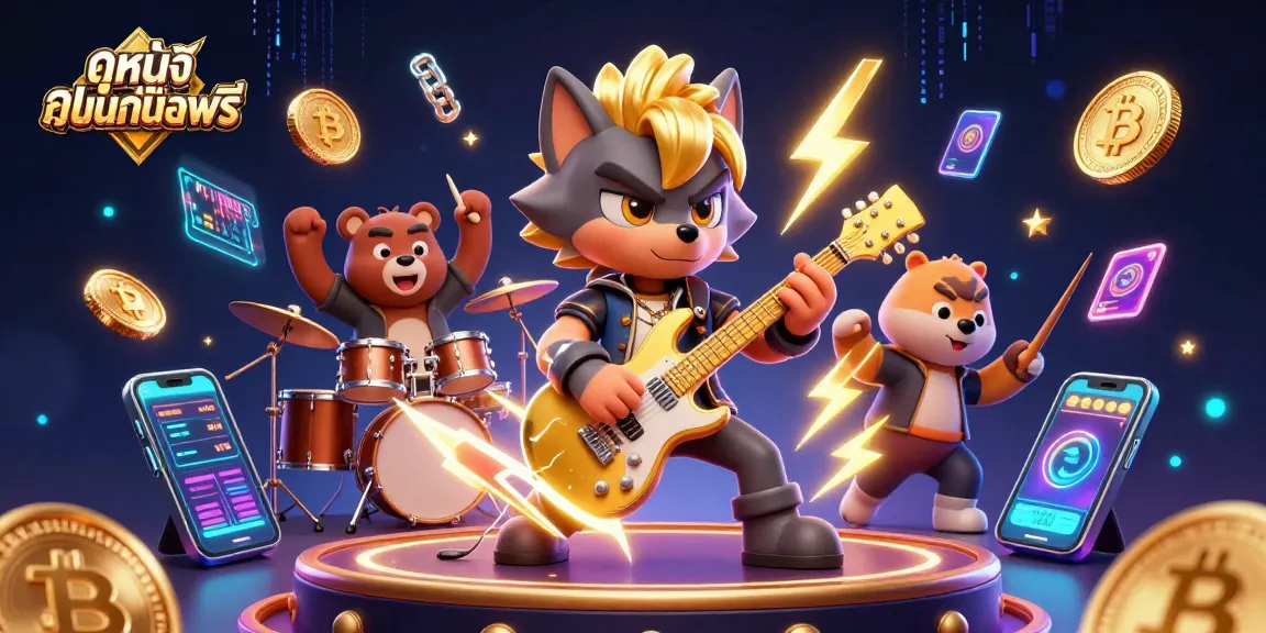 Engage with ดูหนังออนไลน์ฟรี while enjoying a vibrant casino scene featuring a rock star wolf and a drummer bear.