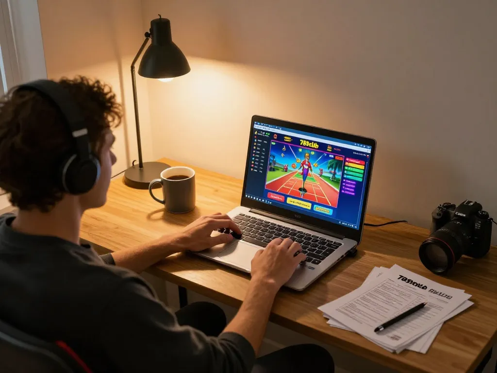Engaging in online gameplay at 789club with a vibrant gaming setup and personal strategy notes.