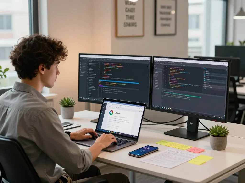 The workspace features Google Chrome on a laptop, showcasing a tech-savvy environment for productivity and innovation.