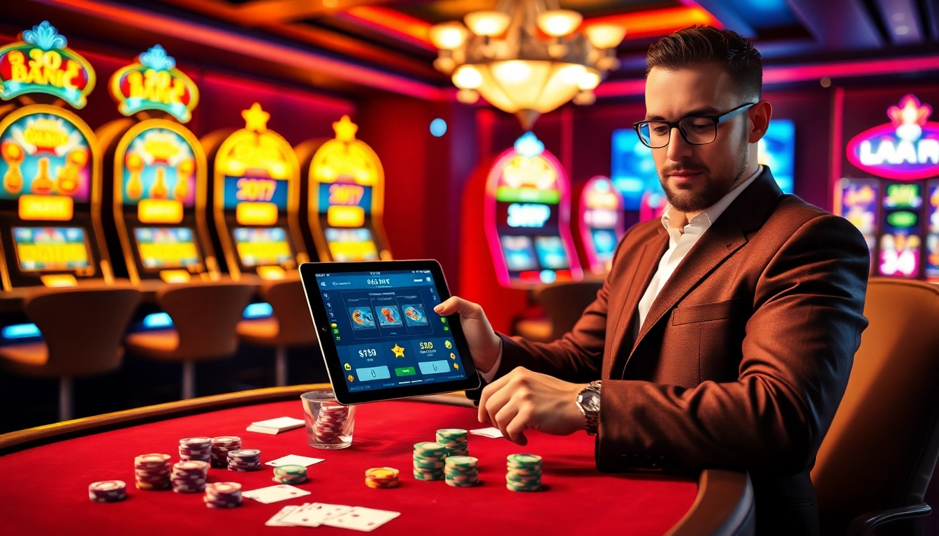 Exciting casino scene showcasing 68VIP with poker chips and vibrant slot machines.