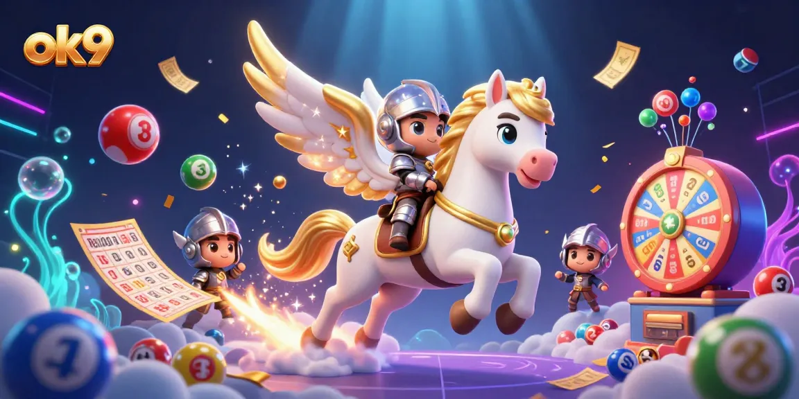 Spin and win with ok9, a colorful dynamic scene featuring lottery elements and a celestial horse!