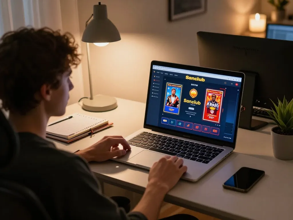 Engaging gameplay on Sanclub's online platform showcasing poker and slots in a cozy home office