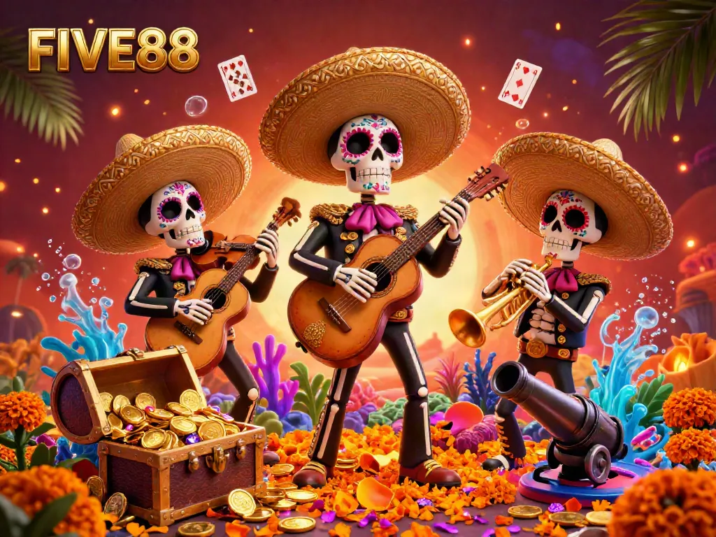 Experience the vibrant spirit of FIVE88 through a lively mariachi band at a casino, celebrating with colorful decorations.