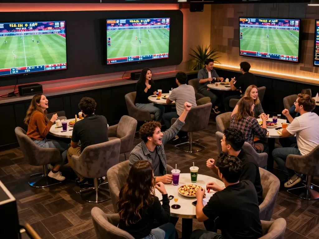Lucky88 sports bettors celebrating thrilling live matches in a vibrant lounge setting