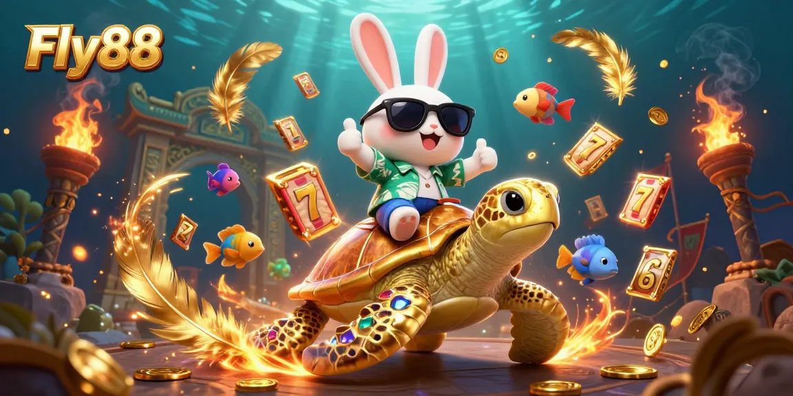 Experience thrilling gameplay at Fly88 with colorful characters, slot reels, and sparkling coins.