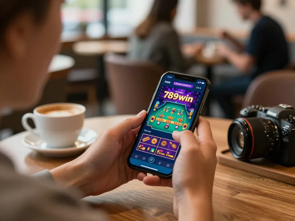 Engaging gameplay on the 789win app highlighted in a cozy coffee shop setting.