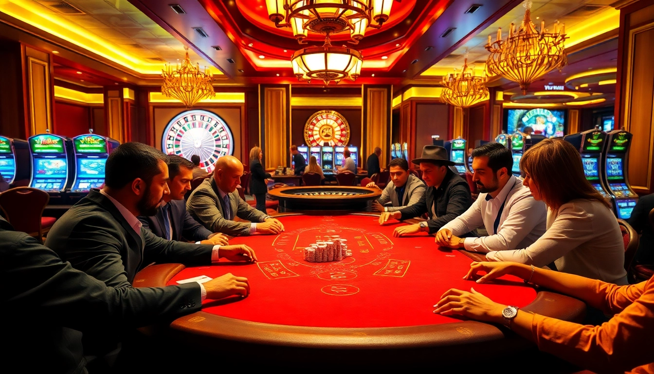 Engage with excitement at kuwin 789's luxurious casino tables, showcasing poker action and vibrant gameplay.