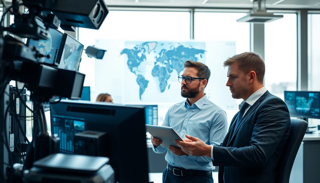 Security agency team analyzing data with advanced equipment in a modern office.