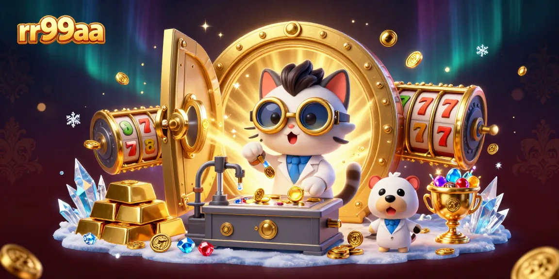 Spin and win at rr99aa with vibrant 3D casino scene featuring gold treasures and gaming devices.