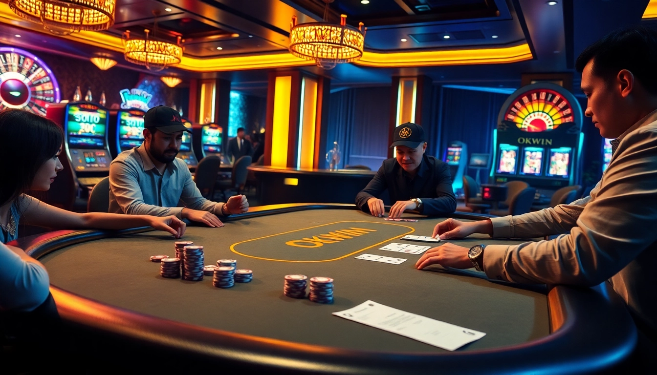 Engaged players at an OKWIN poker table with vibrant chips and golden casino ambiance.