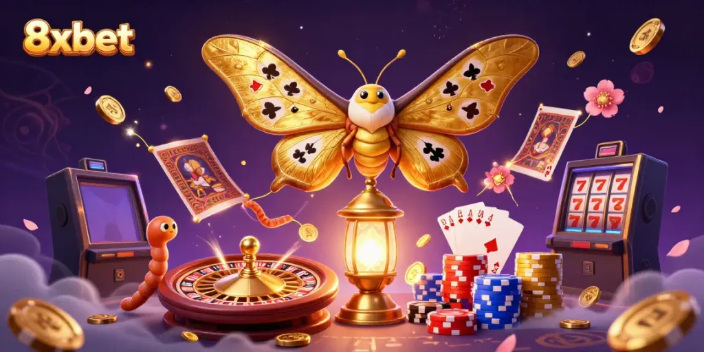 Experience the excitement of 8xbet with golden coins, roulette wheels, and vibrant casino elements.