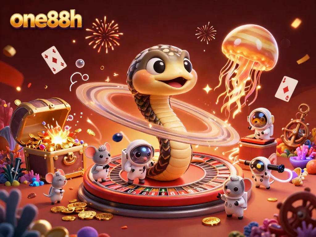 Experience thrilling bets at one88h with vibrant, cosmic-themed casino illustration featuring unique characters and elements.