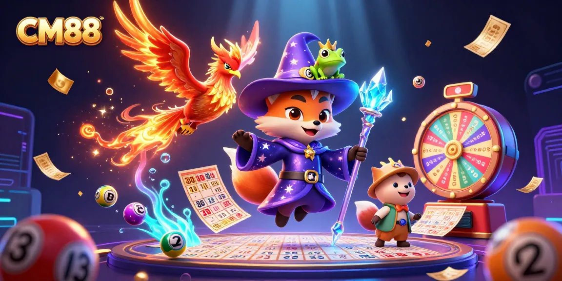 Engage with CM88's enchanting gaming world featuring a wizard fox, phoenix, and playful lottery elements.