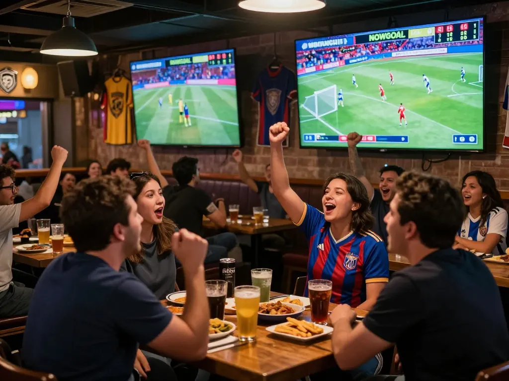 Fans enjoying NOWGOAL live soccer scores in a vibrant bar atmosphere, cheering and celebrating together.