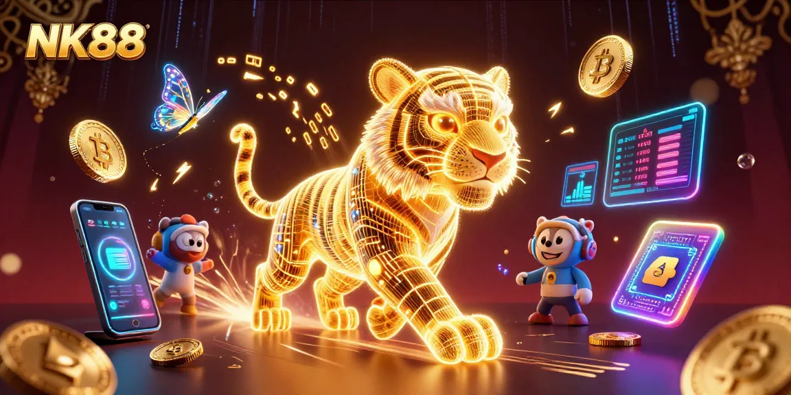 Experience exciting gameplay at NK88 with a neon-wireframe tiger and vibrant crypto elements.