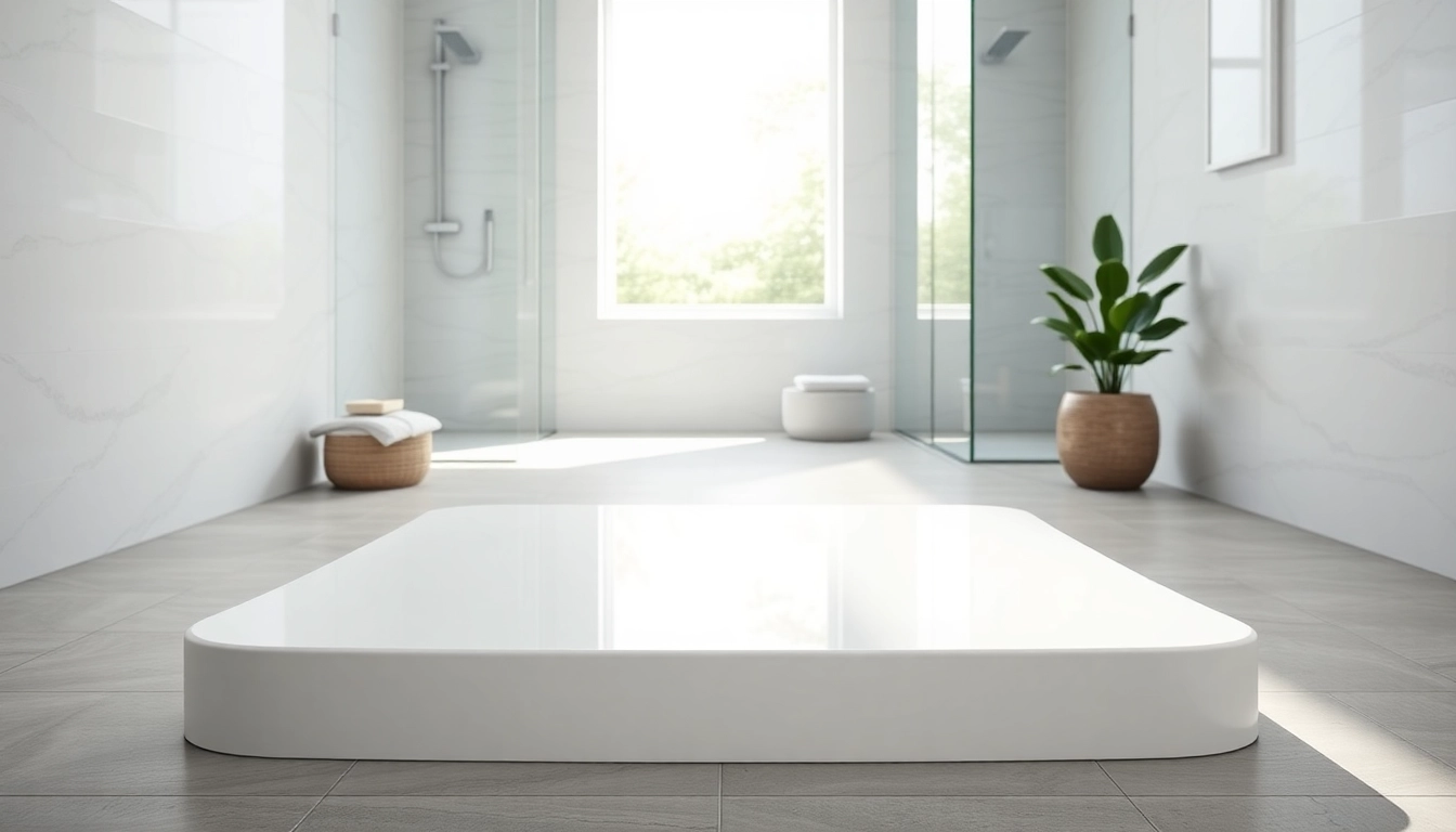 View of a chic shower base shower in a modern bathroom, showcasing elegance and design.