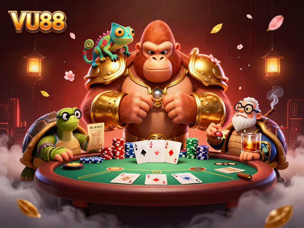 Engage in thrilling poker action at VU88 with charismatic characters, vibrant chips, and game elements.