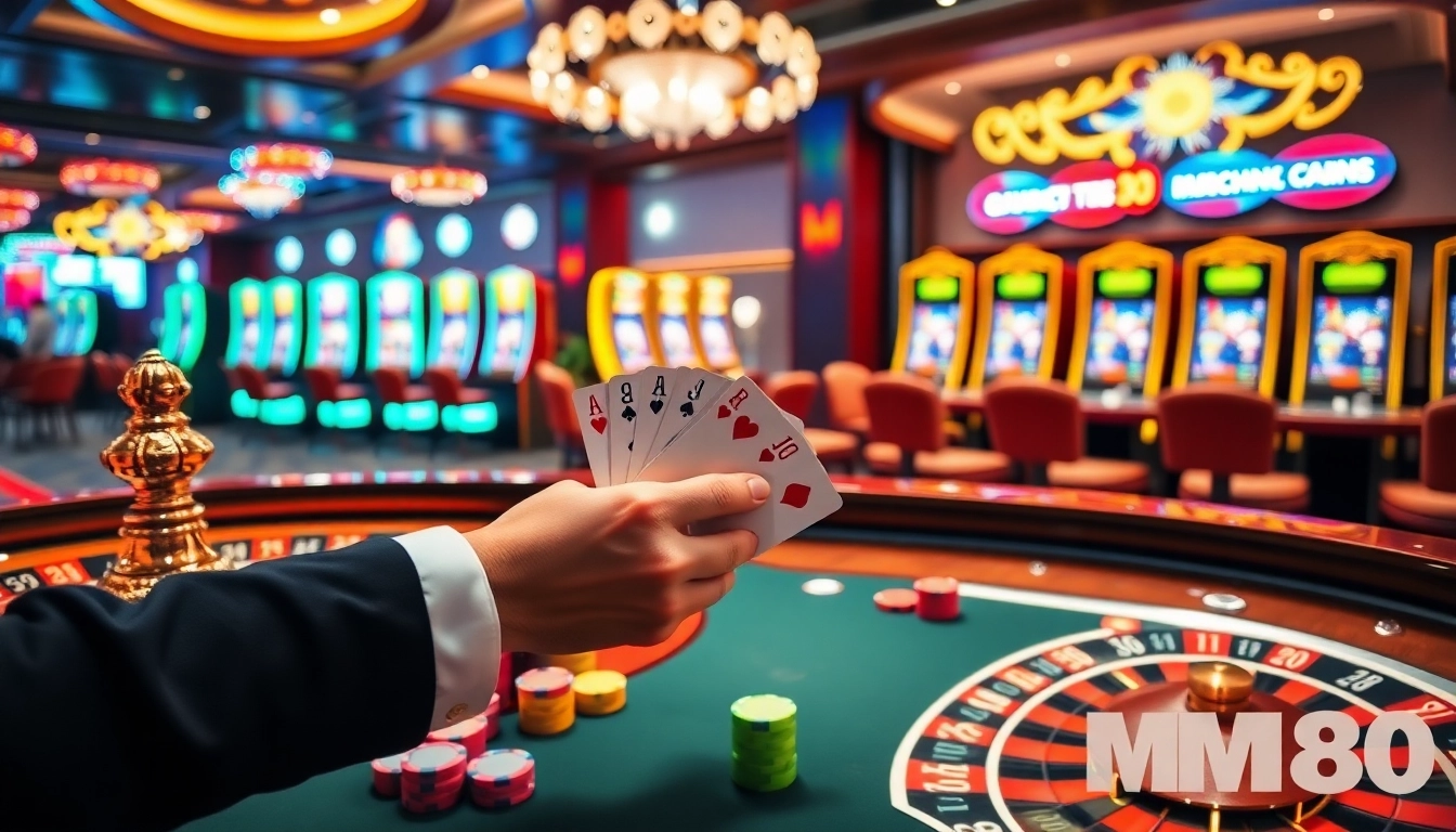 Experience the thrill of MM88 with vibrant casino gaming elements including roulette, cards, and slot machines.