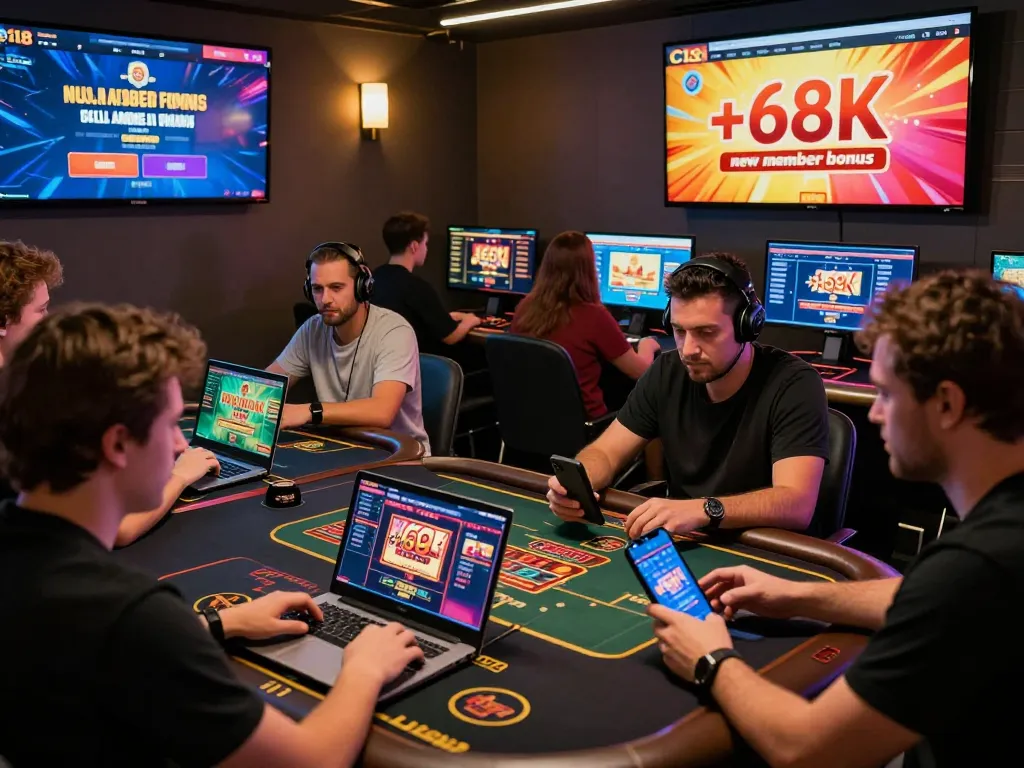 Diverse players engaging with C168 online gambling platform, surrounded by vibrant digital interfaces and exciting promotions.