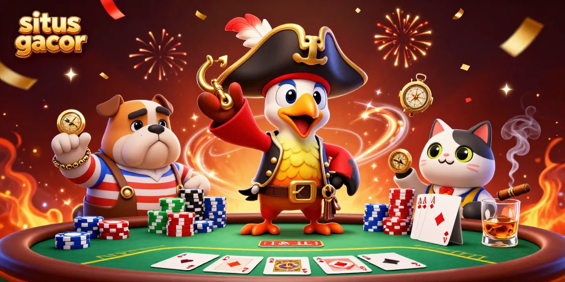 Engage with situs gacor through a vibrant scene of cartoon characters at a poker table in a dynamic casino setting.