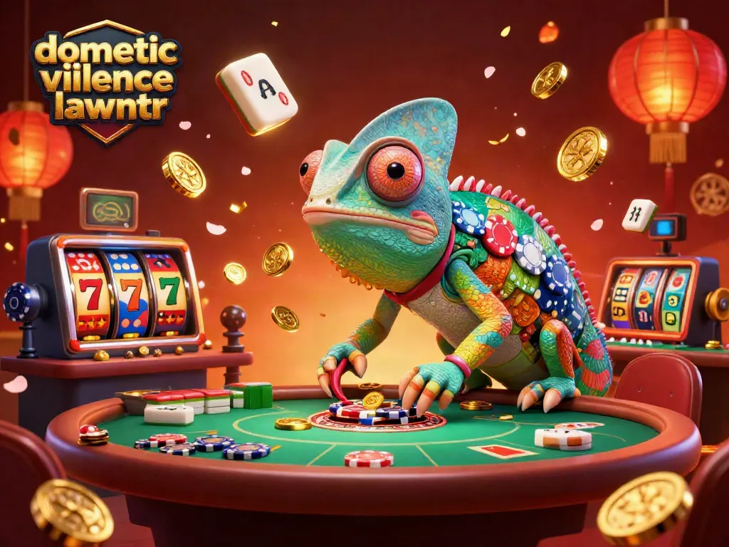Dynamic casino scene with chameleon casino owner and various gambling elements featuring domestic violence lawyer Atlanta.