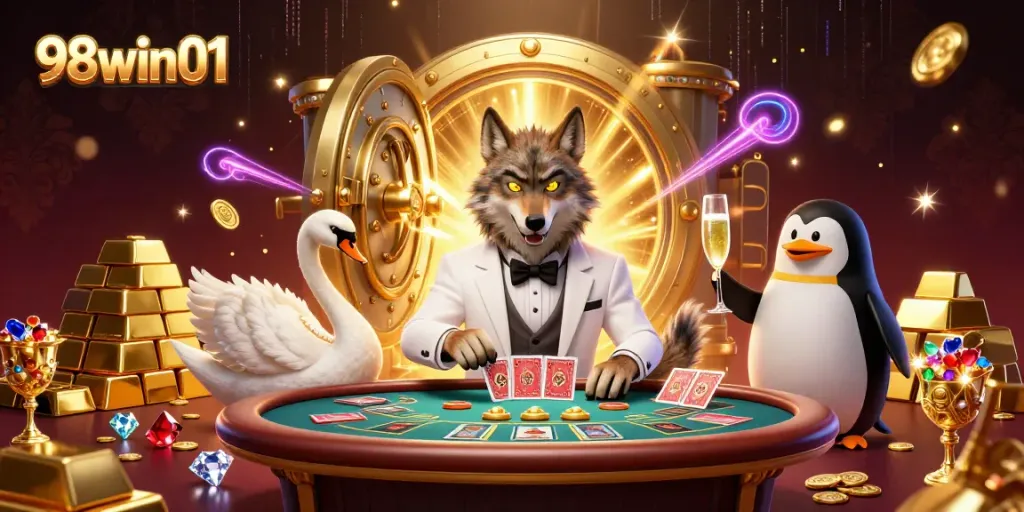 Experience thrilling gameplay at 98win01 with the debonair wolf, elegant swan, and sophisticated penguin in a dynamic casino scene!