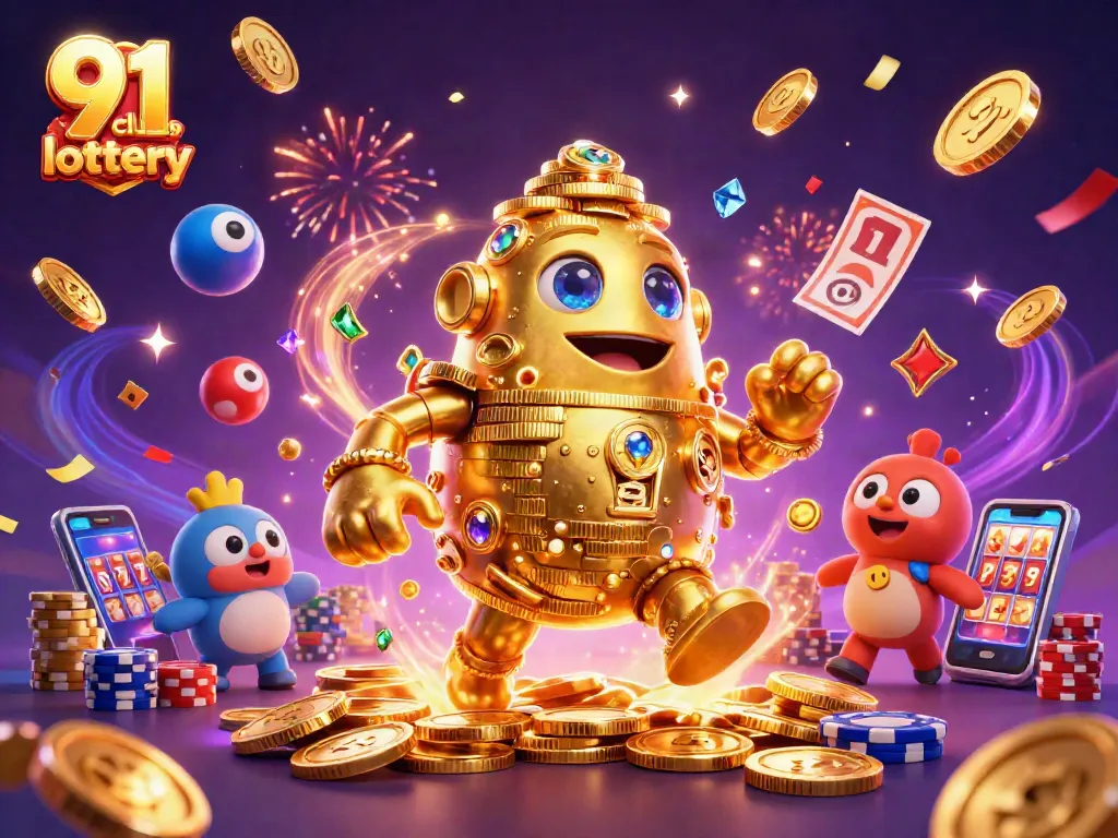 Engaging scene of 91 club lottery with a golden golem, colorful lottery elements, and festive fireworks.