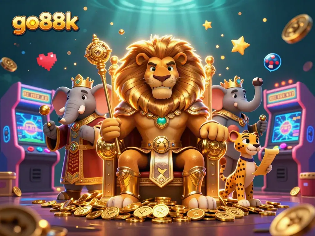 Experience go88k's thrilling casino adventure with a lion king, wise elephant, and swift cheetah amidst gaming excitement.