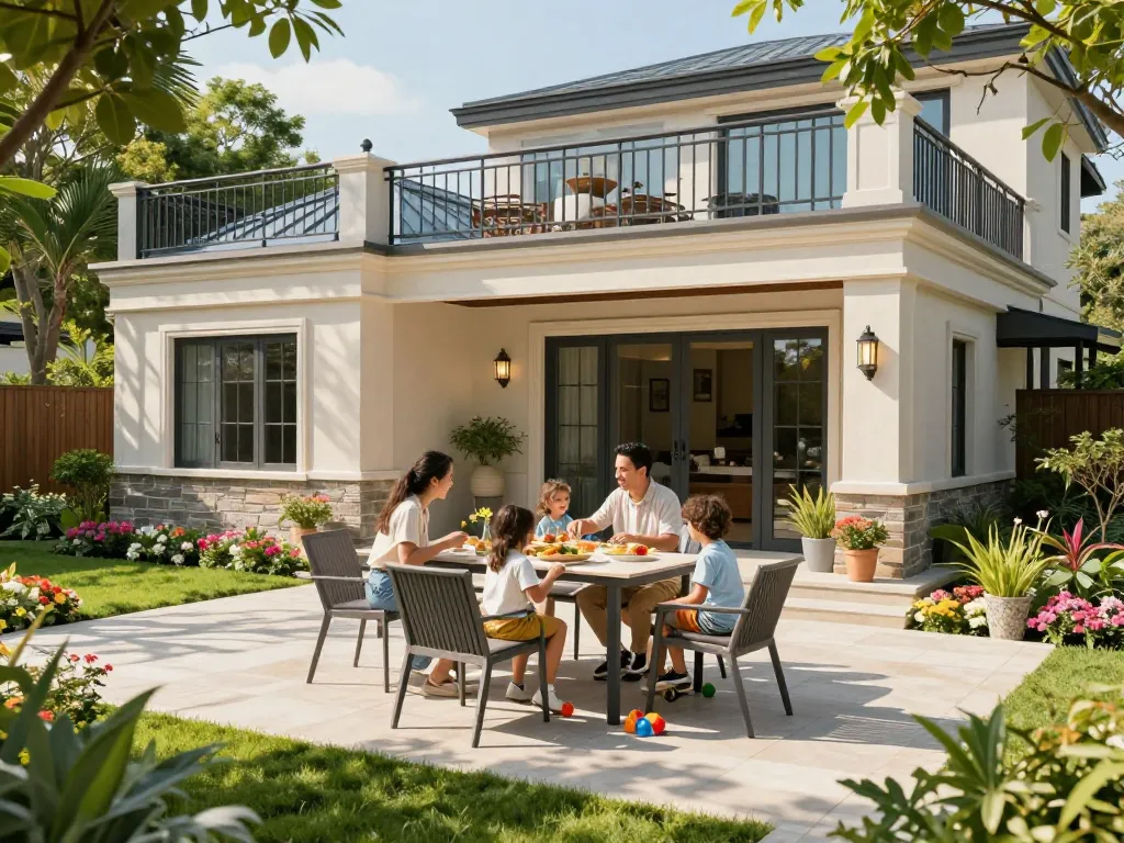 Veranda configurator showcasing a family enjoying a custom-designed outdoor space with elegant furniture and vibrant plants.