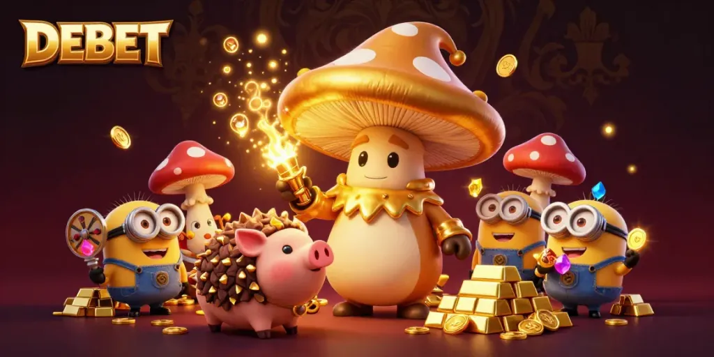 Engage with the magical world of DEBET featuring a golden mushroom wizard, treasure, and gaming excitement.