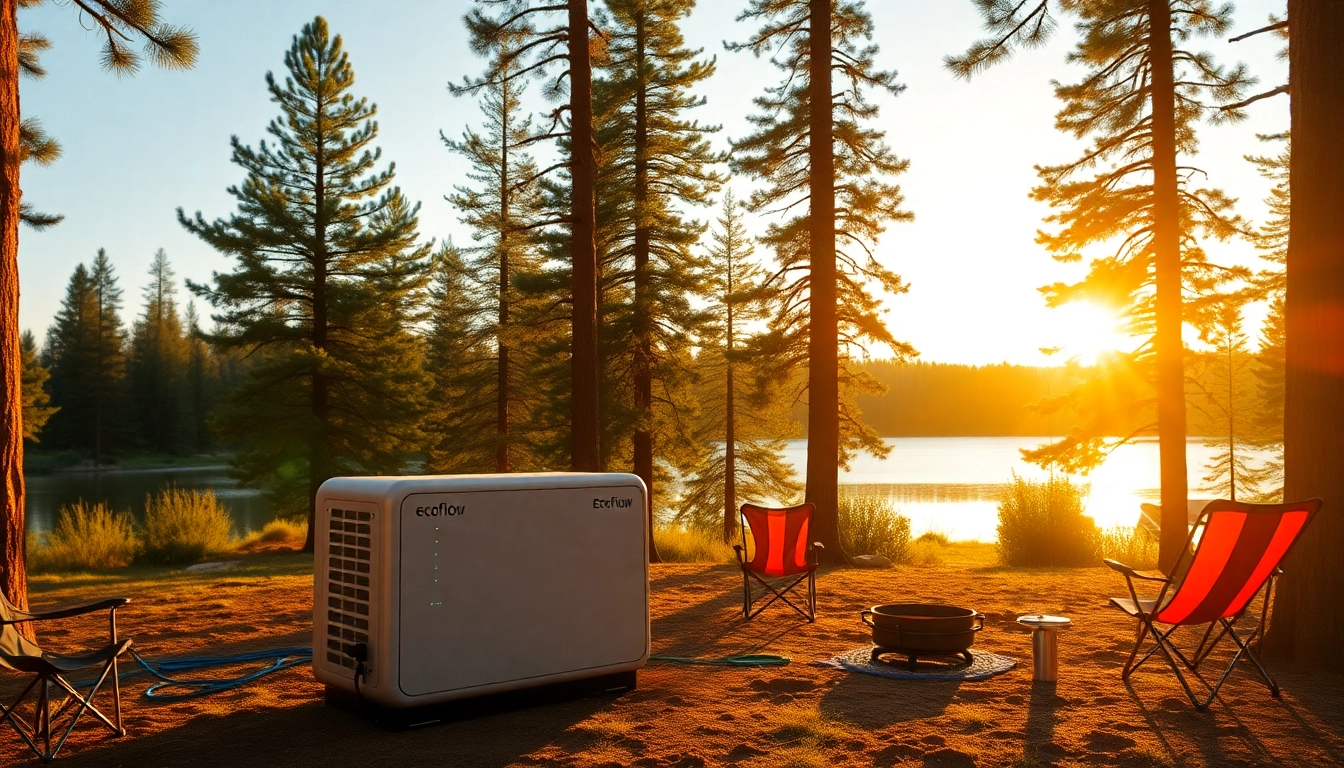 EcoFlow power station showcased at a campsite, illuminated by sunset.