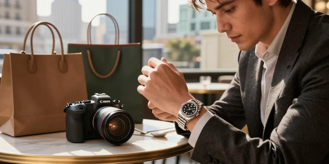 Person showcasing a rolex replica watch in an upscale urban setting, highlighting luxury lifestyle elements.