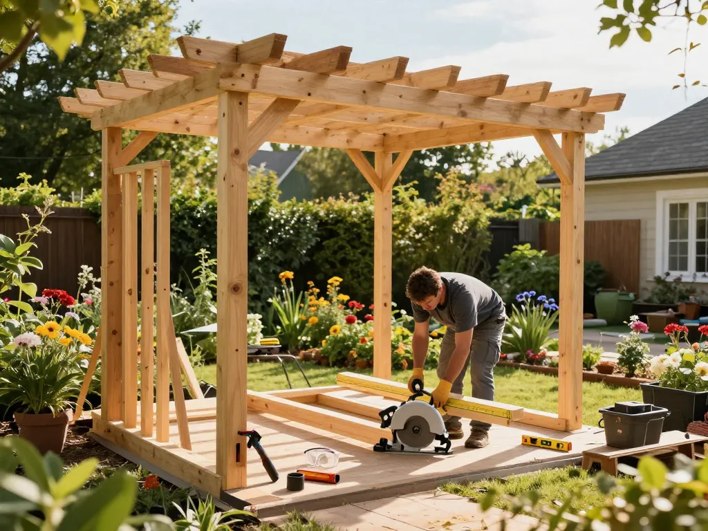 Custom pergola configurator software in action during construction, highlighting craftsmanship and outdoor renovation.
